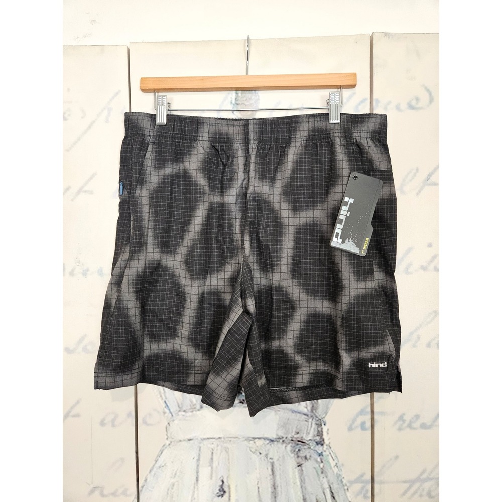 NWT Hind Athletic Shorts Large Black Gray Giraffe Print Grid 7" Inseam Running